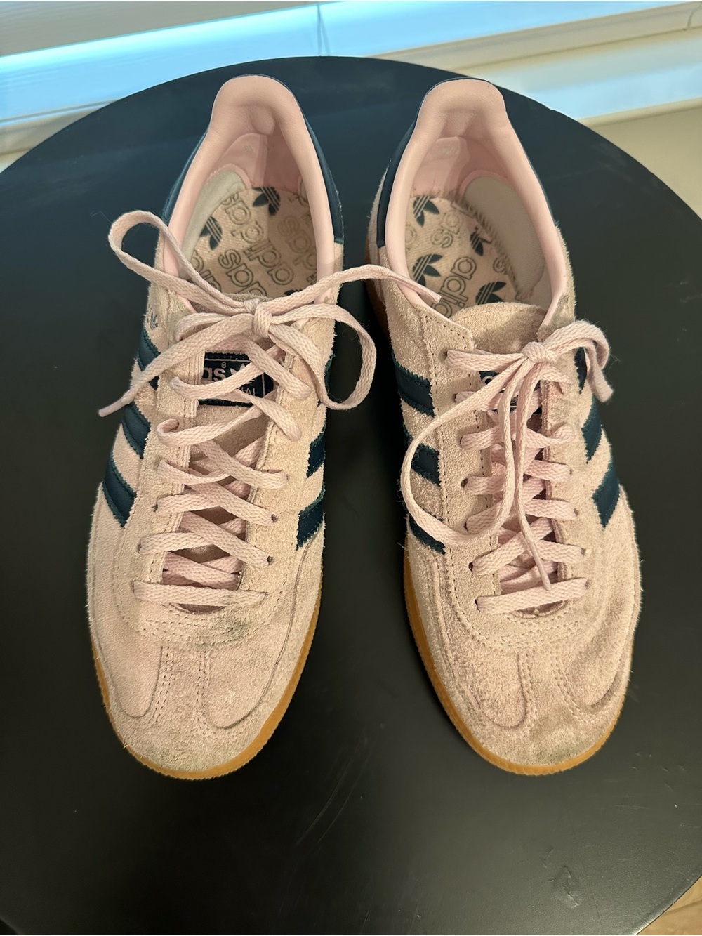 adidas Women’s Light Pink Suede Sneakers with Navy Stripes